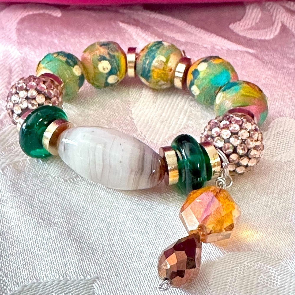 Collage Beaded Bracelet with Hand Painted Beads, glass and natural handmade 5-6